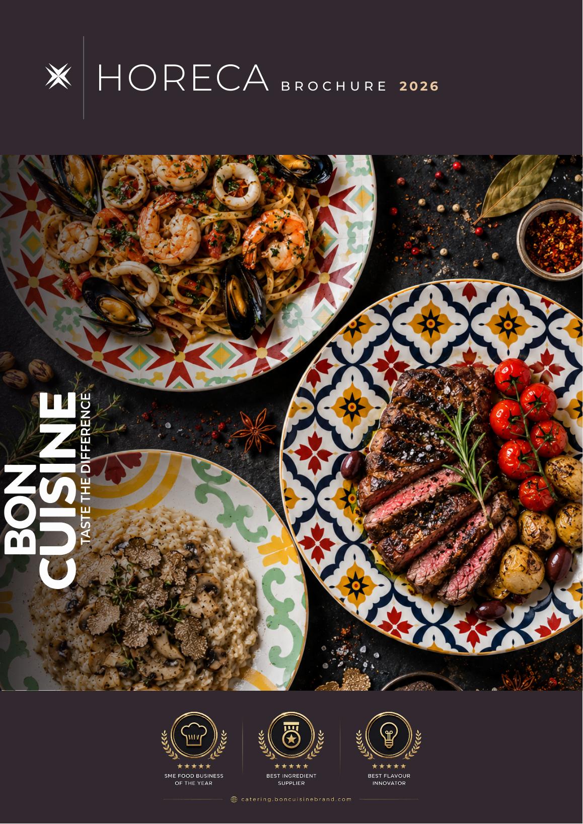 Bon Cuisine 2026 HoReCa catering brochure cover — wholesale spices, herbs and pantry supplies for Malta restaurants